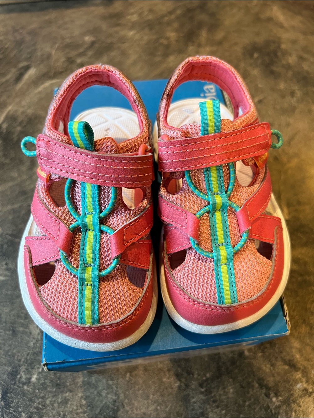 Columbia Pink Sandals with Teal and Yellow Stripes